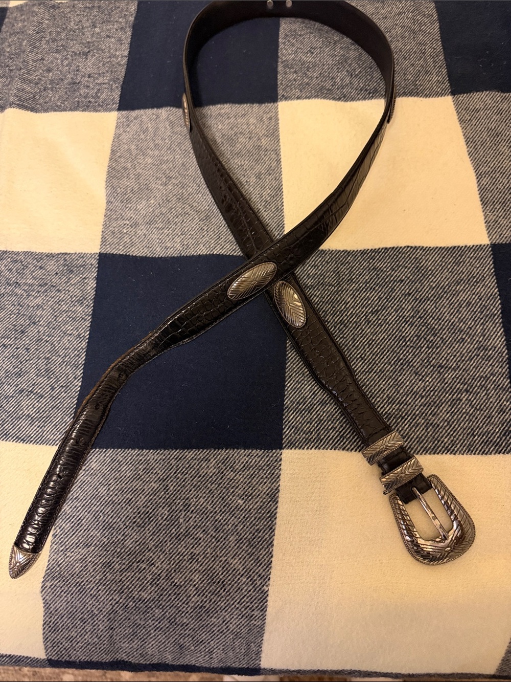 Fossil Black Leather Belt with Silver Western Buckle